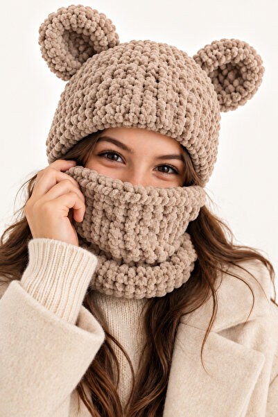 NEHOLİA Women's Young Girls Puffy Balaklava with Ears Knitted Hooded Neck Col...