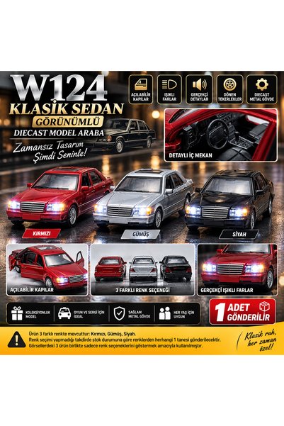 TRUST STORE W124 Klasik Sedan Görünümlü Diecast Model Araba Işıklı Açılır Kap...