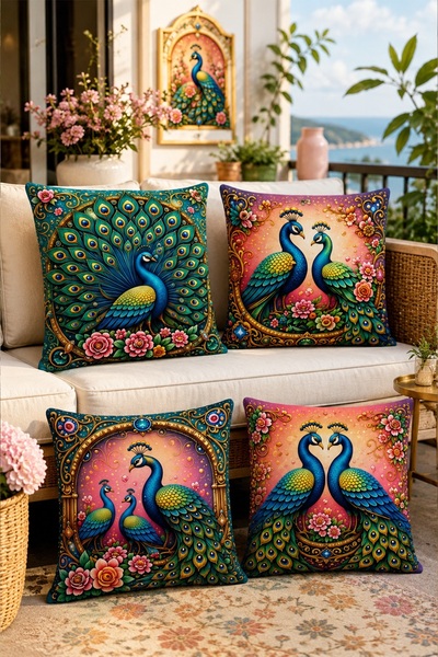 EVPANYA Peacock Family Patterned 4-Piece Throw Pillow Cover Set
