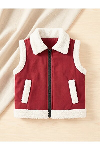 shop Unisex dokuma gabardin kumaş kırmızı yelek peluş detaylı
