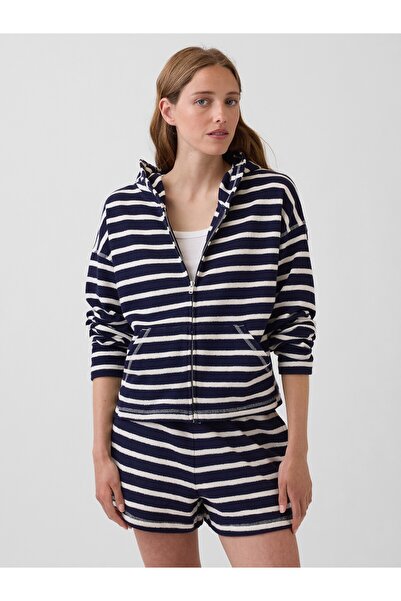 GAP Kadın Lacivert Havlu Terry Oversized Çizgili Fermuarlı Sweatshirt