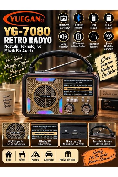 VEROXA YG-7080 Retro Radyo Bluetooth Hoparlör Fm/am/sw 3 Bant USB Tf Kart Des...