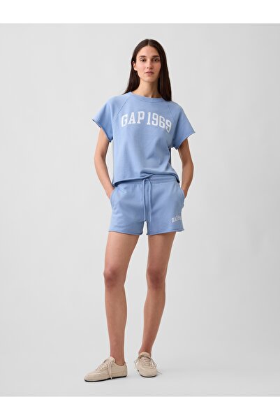GAP Kadın Açık Mavi Relaxed Fransız Havlu Kumaş Grafik Baskılı Şort