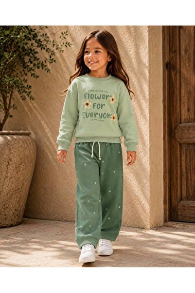 is kids wear Kız Çocuk Mint Yeşili Çiçek Baskılı Sweatshirt ve Puantiyeli Eşo...