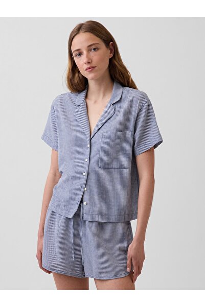 GAP Kadın Mavi Crinkle Gauze Oversized Pijama Üstü