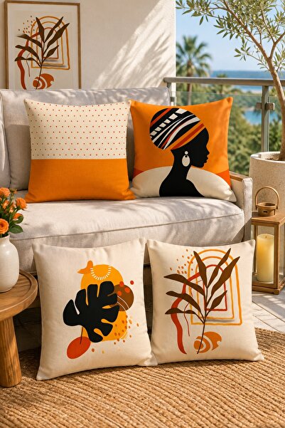 EVPANYA African Girl and Icons Patterned 4-Piece Throw Pillow Cover Set