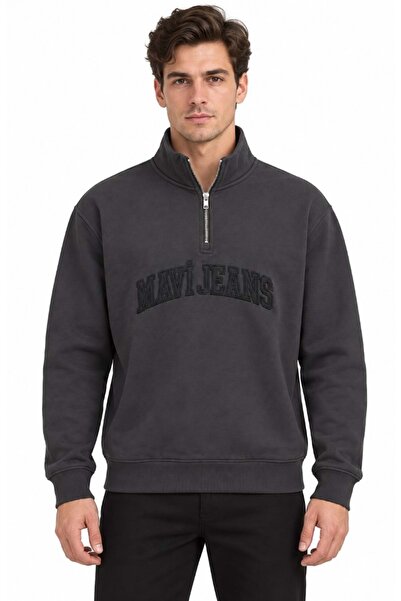 Mavi M0S20113 Jeans Logo Nakışlı Yarım Fermuarlı Erkek Sweatshirt FÜME