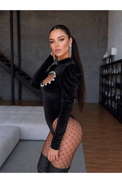 Friday Mood Broş Detaylı Cut-Out Kadife Bodysuit