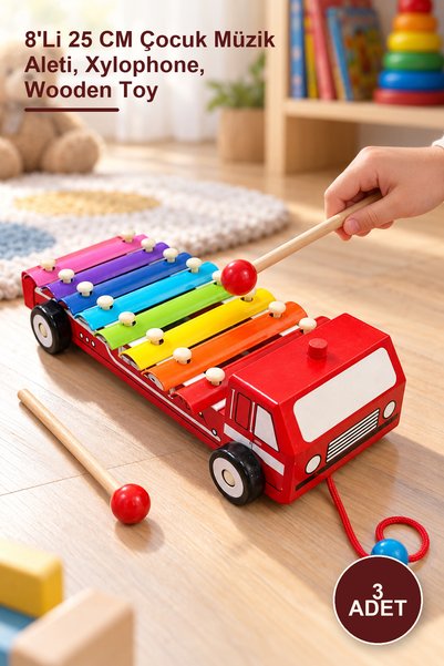 Yenilig 3 Adet Ahşap Arabalı Selefon – 8'Li 25 CM Çocuk Müzik Aleti, Xylophone, Wooden Toy
