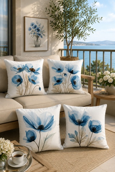 EVPANYA Blue Poppy Patterned 4-Piece Throw Pillow Cover Set