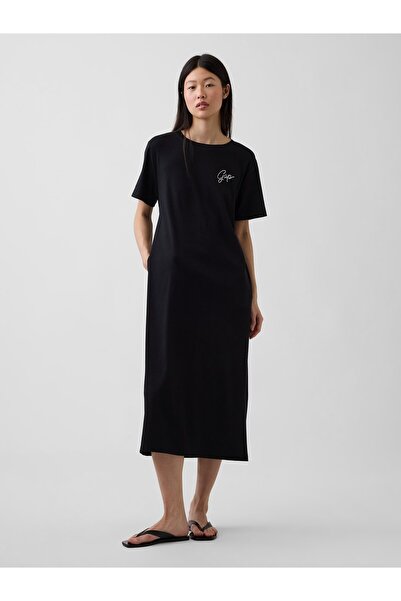 GAP Kadın Siyah Relaxed Logo Cutout T-Shirt Midi Elbise
