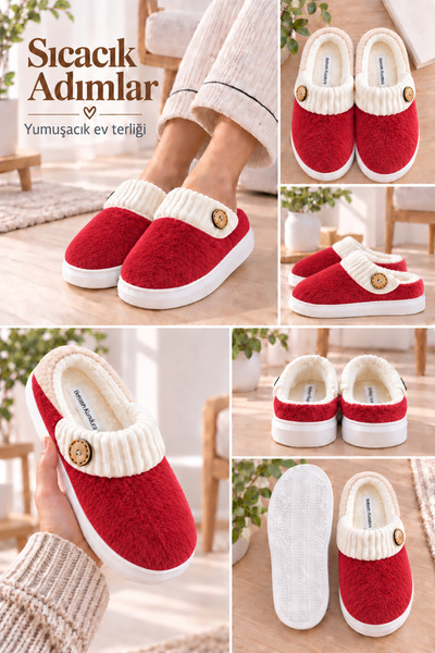 Behtah Kundura Women's Button Detailed Soft Plush Washable House Slippers Hig...
