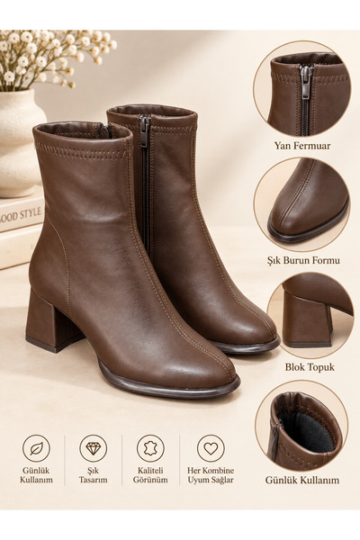 ODESSO Women's Bitter Brown 5 cm Block Heeled, Blunt Toe, Zippered, Stylish Socket Boots