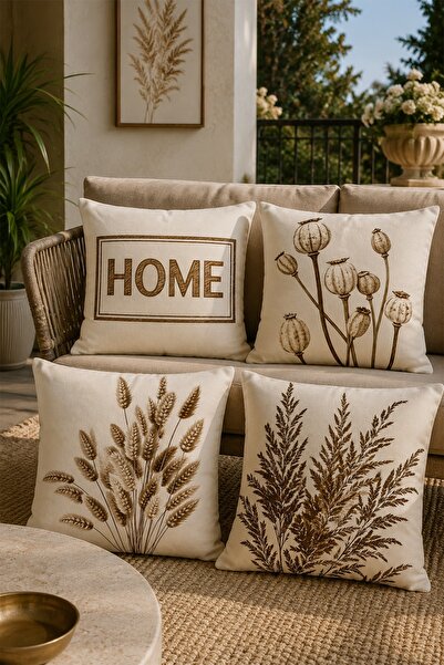 EVPANYA Cream Poppy Seeds Patterned 4-Piece Throw Pillow Cover Set