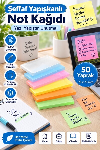 Artlantis Yapışkanlı Şeffaf Not Kağıdı 300 Yaprak 6 Renk Kare Transparan Post...