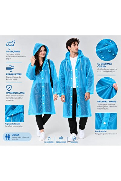 Unisex Mavi Şeffaf Yağmurluk Kapüşonlu Su Geçirmez Yağmurluk
