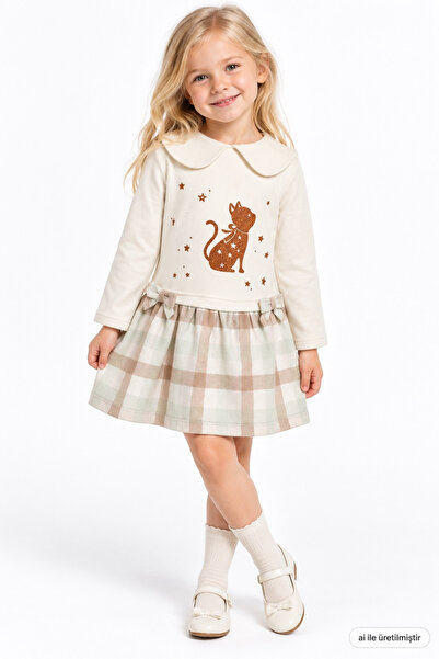 FESSHERA Girl's Dress with 3 Straps, Cat Print, Baby Collar