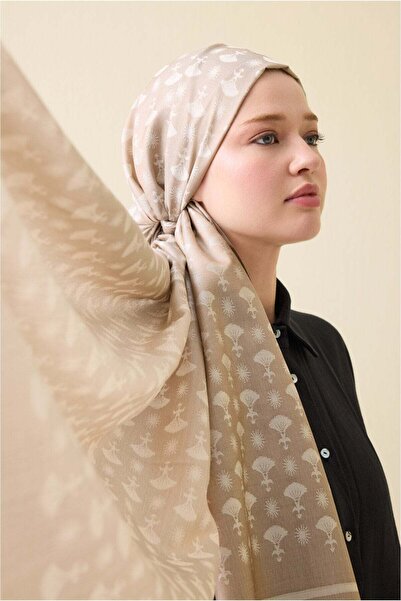 Imannoor Carnation Monogram Beige Silk Shawl 68X200