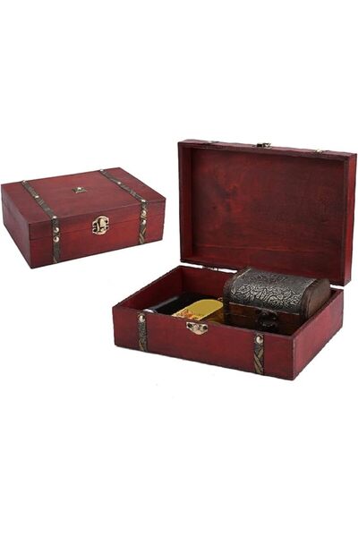 Denash Retro Treasure Box, Wooden Treasure Chest Jewelry Storage Box with Met...