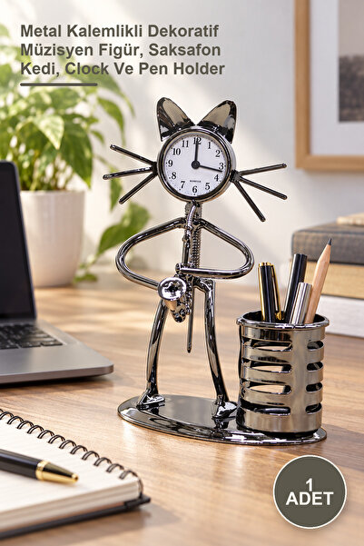 Yenilig 1 Piece Metal Saxophone Playing Cat Table Clock – Decorative Musician...