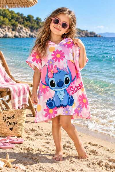 Genel Markalar Kız Çocuk Pembe Stitch Baskılı Kapüşonlu Havlu Panço