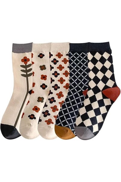 TERRIFI Floral Socks, Cute Cottagecore Crew Socks with Smiley Face Pattern, Colorful Design, Soft Cotton Ble