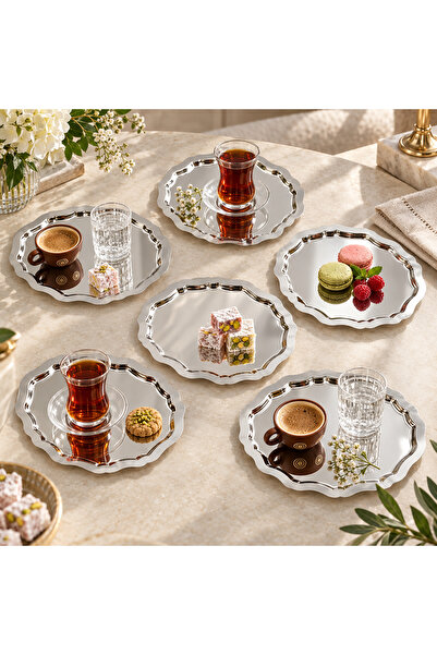 Midilli Home Dubyan 6'lı Paslanmaz Çelik Oval Kahve Sunum Tepsisi Servis Çay ...