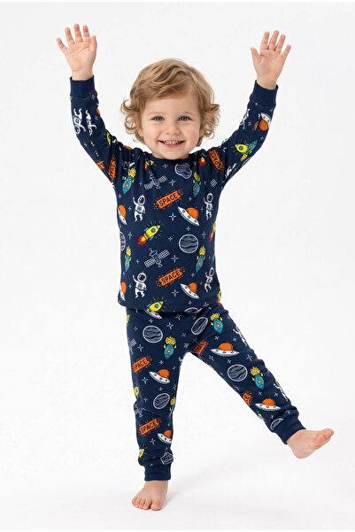 MİNORE Erkek Çocuk %100 Pamuklu Lacivert Astronot Uzay Desenli Uzun Kollu Pijama Takımı