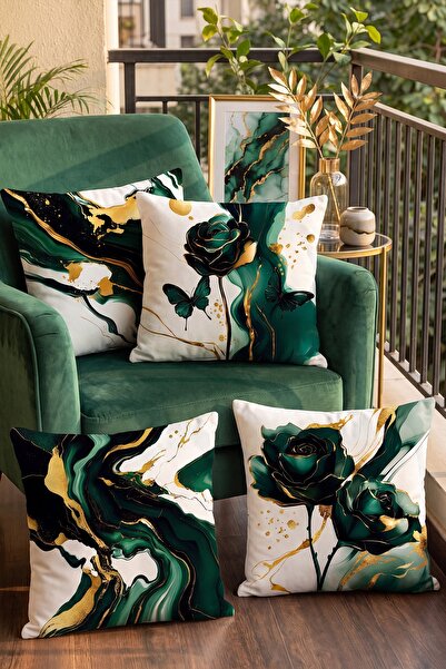 EVPANYA Emerald Gold Roses Patterned 4-Piece Throw Pillow Cover Set