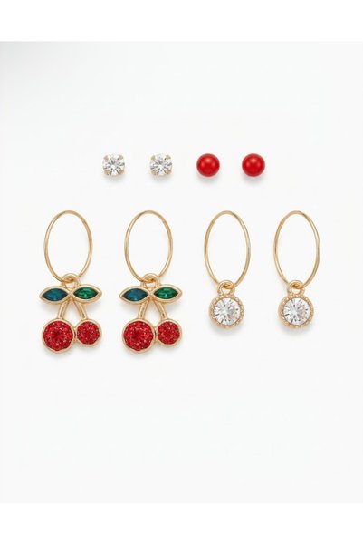 GenelTedarik Women's Red 4-Piece Stylish Earring Set, Non-Tarnish, Rust-Proof...