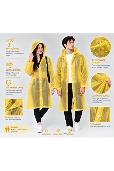 Unisex Sarı Şeffaf Yağmurluk Kapüşonlu Su Geçirmez Yağmurluk