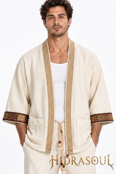 Dayıbalı Etnik Şerit Detaylı Balıksırtı Dokulu Oversize Pamuklu Dokuma Kimono