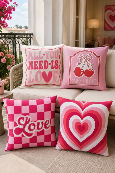 EVPANYA Pink Love Patterned 4-Piece Throw Pillow Cover Set