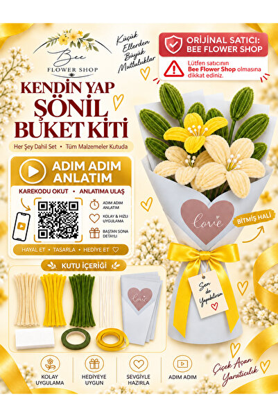 Bee Flower Shop Sarı Lilyum Şönil Çiçek Buket Yapım Kiti – 65 Şönil – Her Şey...
