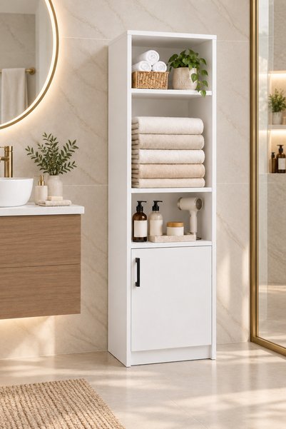 sawinno home&sleep Berrak -Tek Kapaklı 4 Raflı Çok Amaçlı Banyo Boy Dolabı -H...