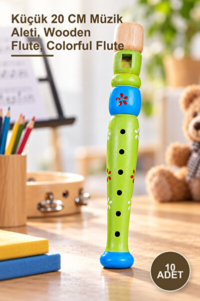 10 Adet Ahşap Renkli Flüt – Küçük 20 CM Müzik Aleti, Wooden Flute, Colorful Flute