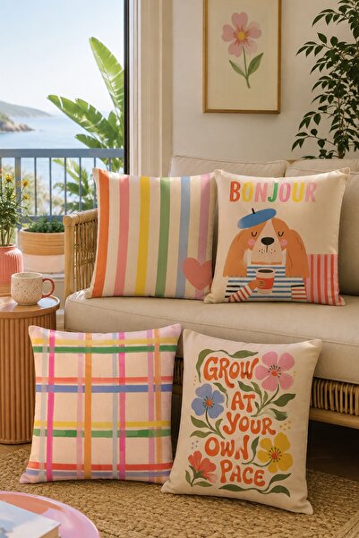EVPANYA Bonjour Dog Patterned 4-Piece Throw Pillow Cover Set
