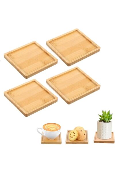 SYOSI 4Pcs Square Bamboo Plant Pot Saucers, 3.9" Cork Wood Drip Pads for Succ...