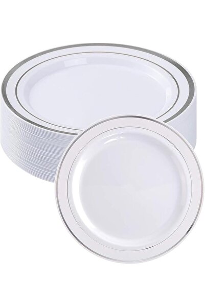 Generic Silver Plastic Plates Disposable - 25 Pieces Silver Rim Party Plates ...