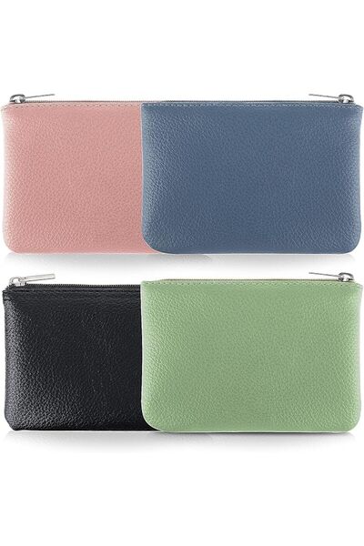 JOYZZZ Leather Zipper Coin Purse, 4PCS Set PU Lychee Pattern Wallets with Mul...