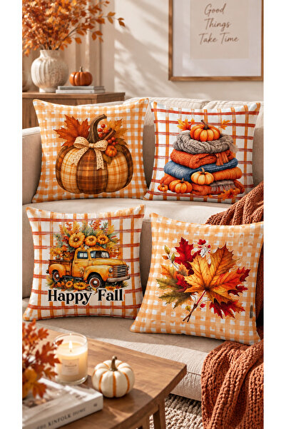 Nari Collections Sonbahar Hasadı 4’lü Kırlent Kılıfı Seti – 43x43 cm Çift Tar...