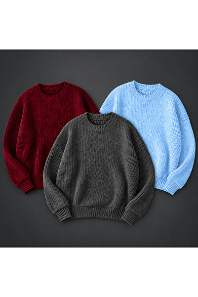 threeoff Set of 3 Men's Crew Neck Knitwear Sweater High Neck Long Sleeve Casu...