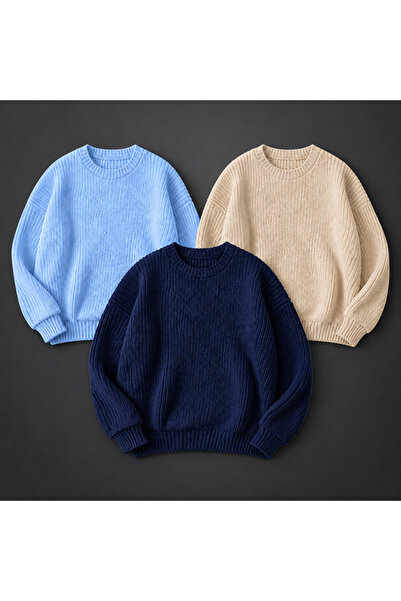 threeoff Set of 3 Men's Crew Neck Knitwear Sweater High Neck Long Sleeve Casu...