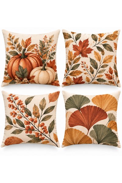 Nari Collections Botanical Autumn 4-Piece Throw Pillow Cover Set – 43X43 cm Double-Sided, with Hidden Zipper