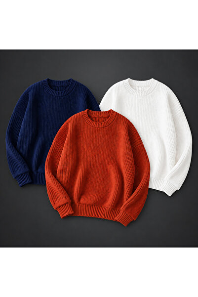 threeoff Set of 3 Men's Crew Neck Knitwear Sweater High Neck Long Sleeve Casu...