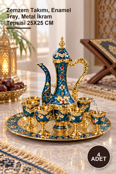Yenilig 4 Piece Metal Enamel Zemzem Set – Zemzem Set, Enamel Tray, Metal Serv...