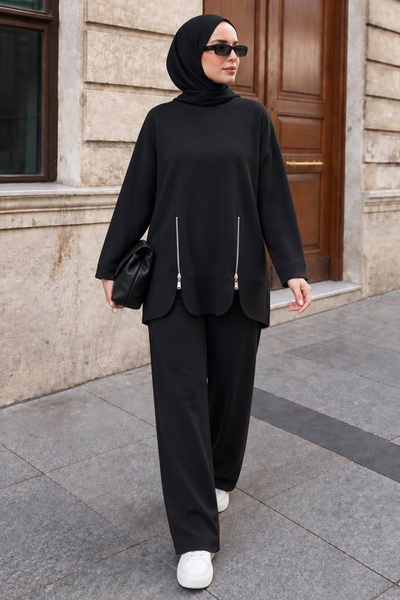 Neva Style Fermuar Cep Detaylı Oysho Kumaş Siyah Tesettür Pantolon Takım 3040S