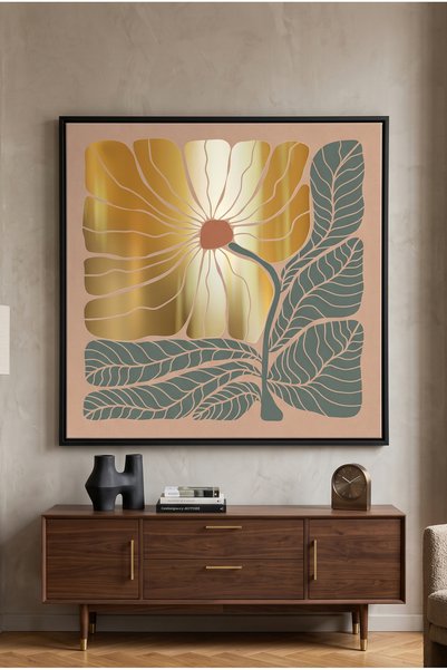 Jasmine Art Boho Gold Bloom and Leaves Nature Wall Art | Square Framed Canvas...