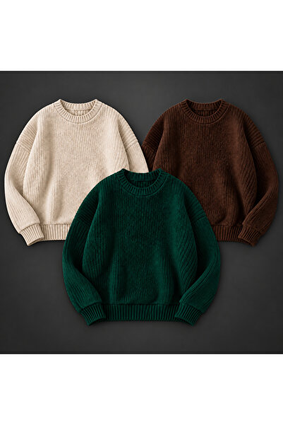 threeoff Set of 3 Men's Crew Neck Knitwear Sweater High Neck Long Sleeve Casu...