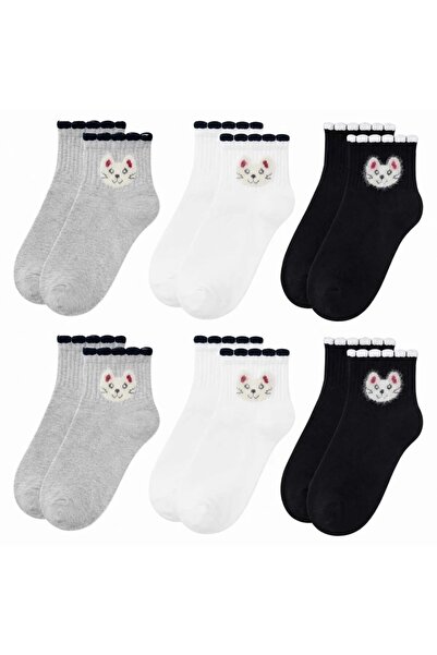 Şerife Hanım Women's Cat Patterned Short Socks, Pack of 6 |   80% Cotton Seam...